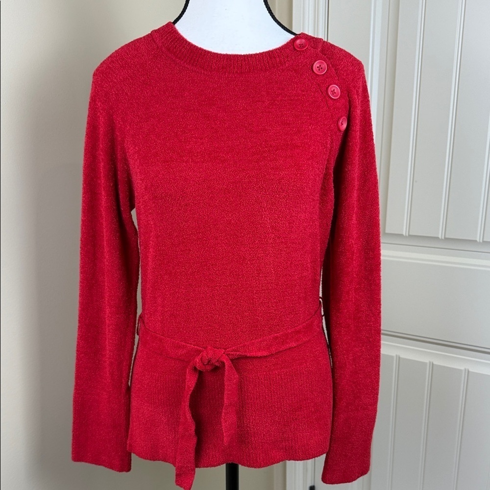 Dalia Sweater Vibrant Red Long Sleeve Tie Waist Shoulder Buttons Women's Sz M